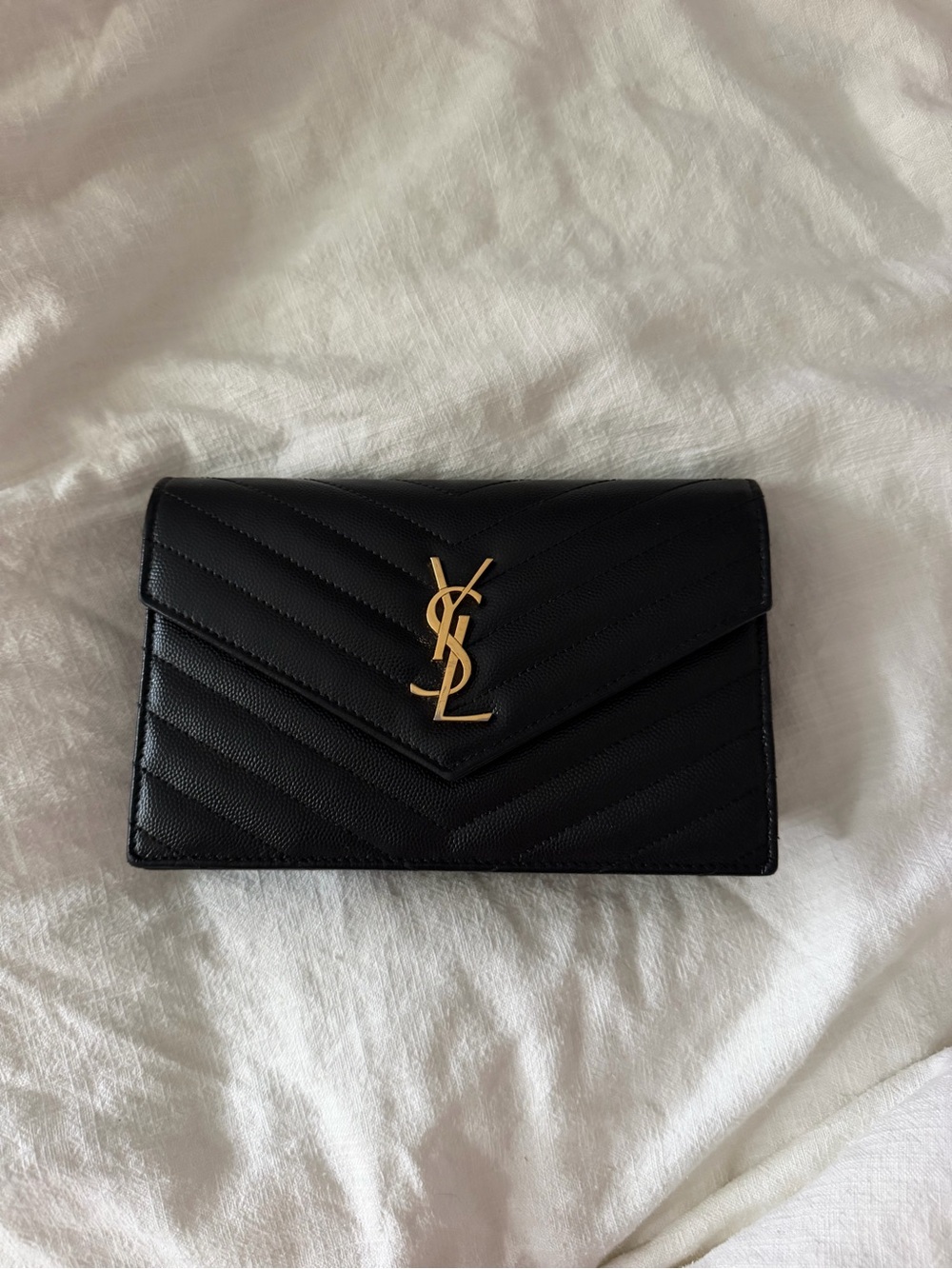 Saint Laurent Black Quilted Leather Envelope Clutch with Gold YSL